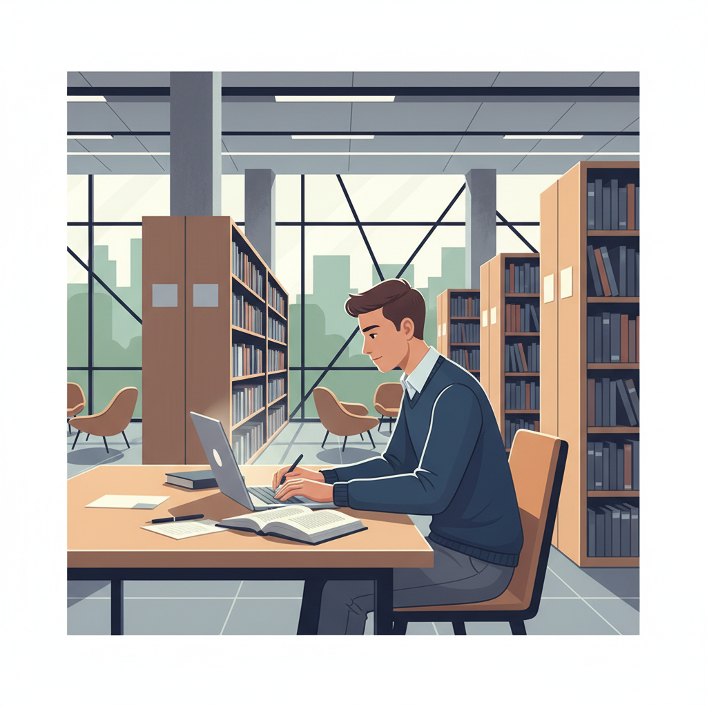 Étudiant dans une bibliothèque moderne, travaillant sur son mémoire avec un ordinateur portable affichant une interface d'IA.