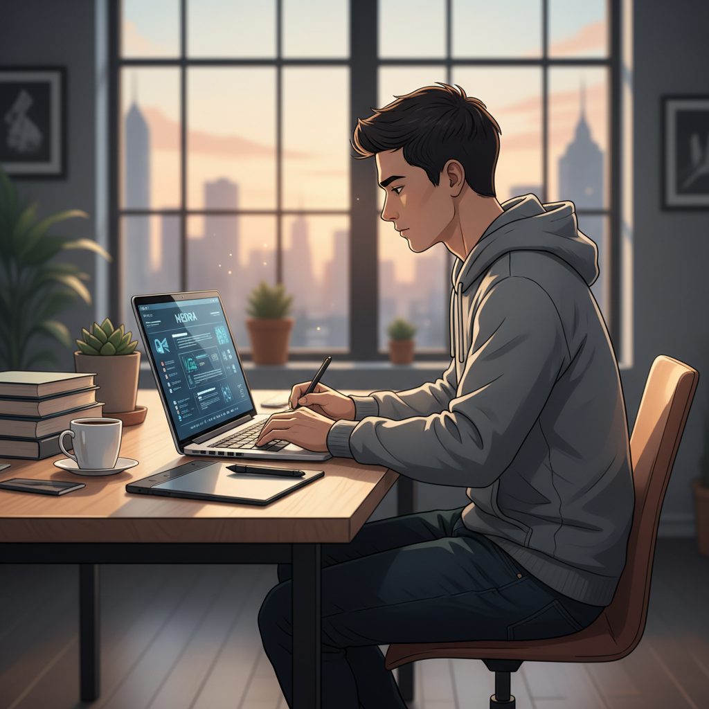 Um estudante olha com alívio um plano de tese bem estruturado em uma tela de computador.