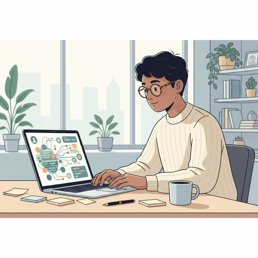 Étudiant analysant des données de recherche qualitative sur un ordinateur portable, avec des graphiques et du texte à l'écran.