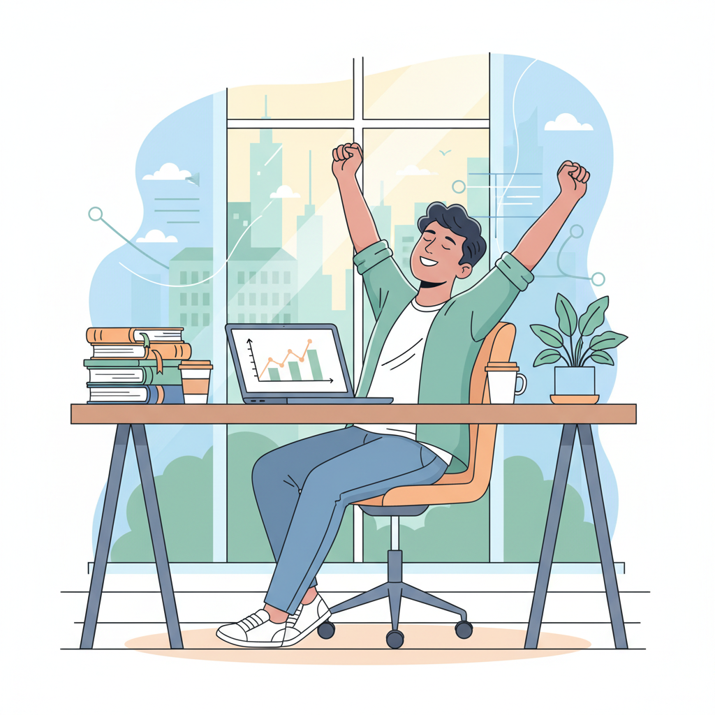 Étudiant terminant la rédaction de son mémoire à un bureau bien rangé, avec un sentiment d'accomplissement.