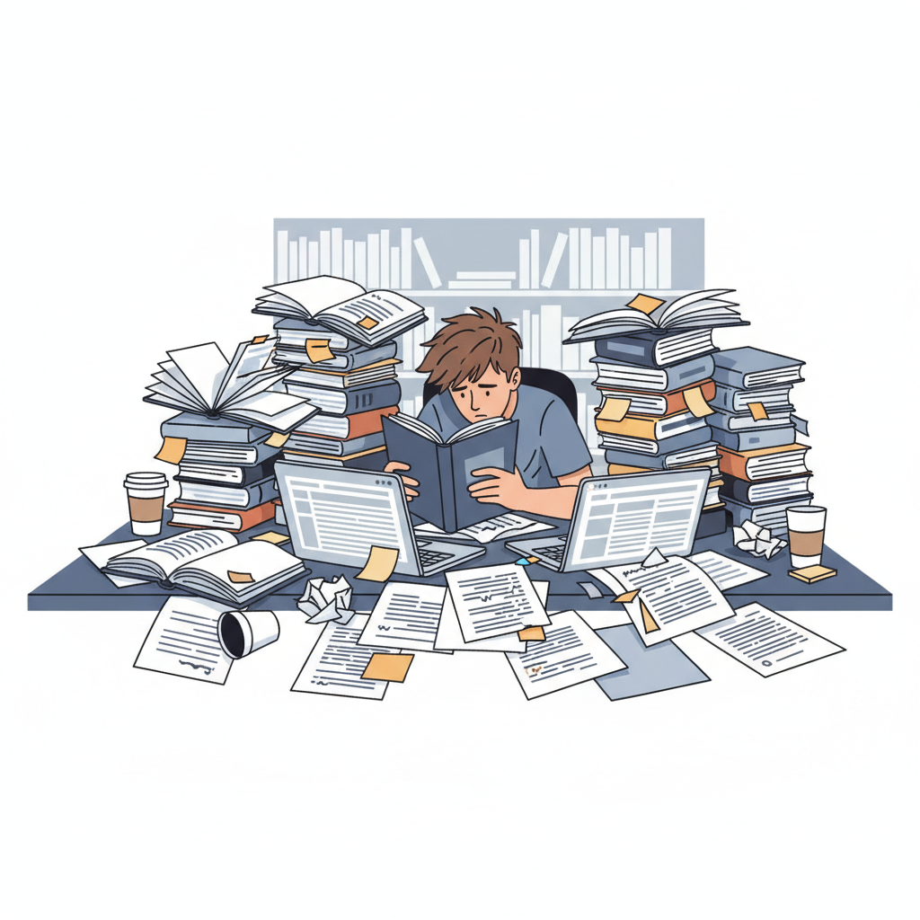 Étudiant submergé de livres, stressé par la création manuelle de sa bibliographie APA.