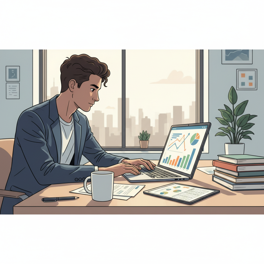 Étudiant travaillant sur les graphiques financiers d'un business plan sur son ordinateur portable.
