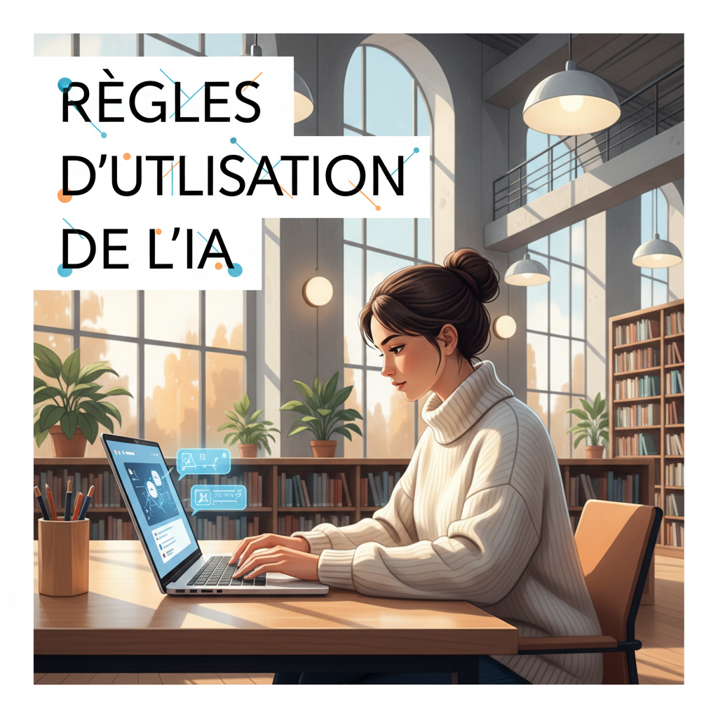 Étudiant sur un ordinateur portable avec une interface de chat, réfléchissant aux règles de l'école.