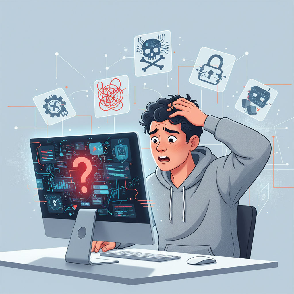 Étudiant stressé devant son ordinateur, symbolisant les erreurs à ne pas commettre avec l'IA.