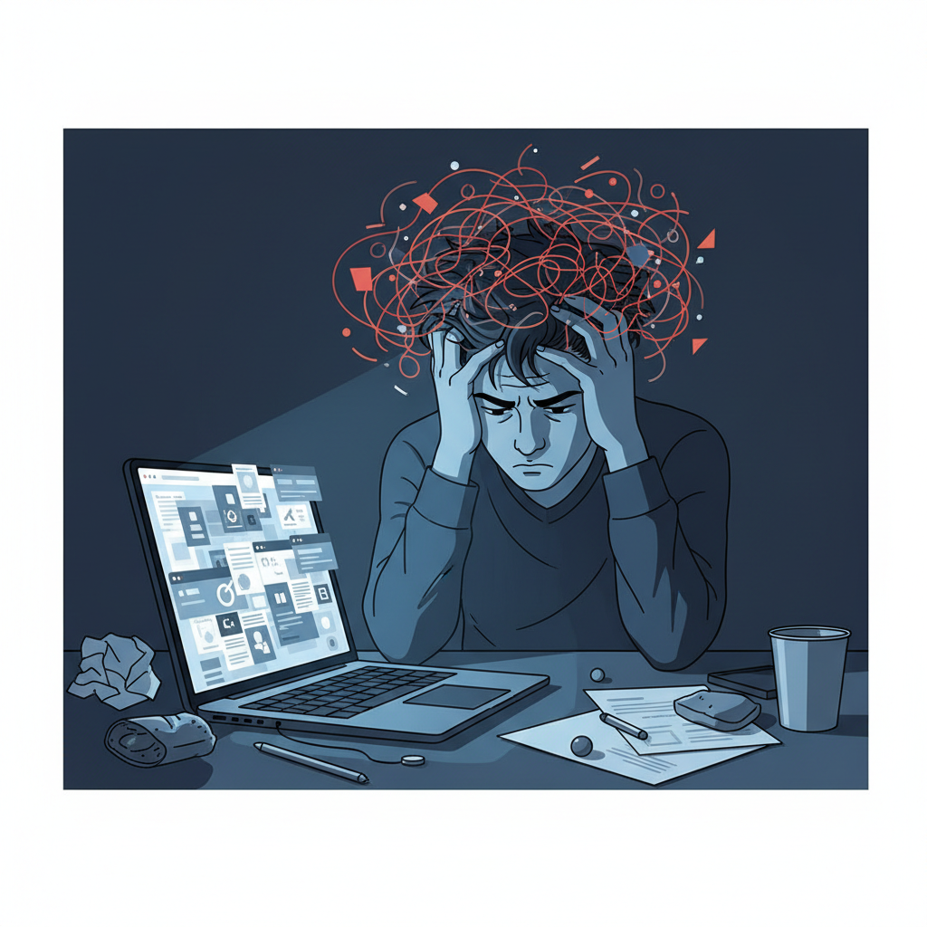 Un étudiant submergé par la recherche de sources en ligne, avec de nombreux onglets ouverts sur son navigateur.