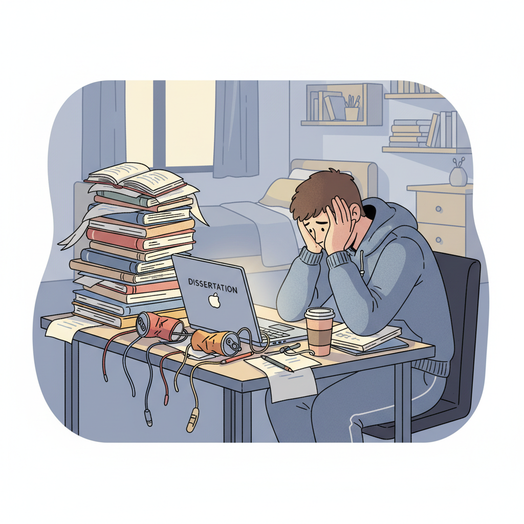 Étudiant stressé regardant une pile de livres et un ordinateur portable, symbolisant la charge de travail d'un mémoire.