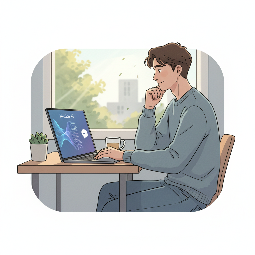 Étudiant utilisant l'assistant IA Medra sur son ordinateur, visiblement plus détendu et productif.