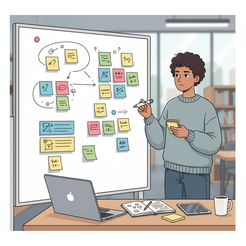 Étudiant réfléchissant devant un tableau blanc couvert de post-it et d'idées pour son sujet de mémoire.