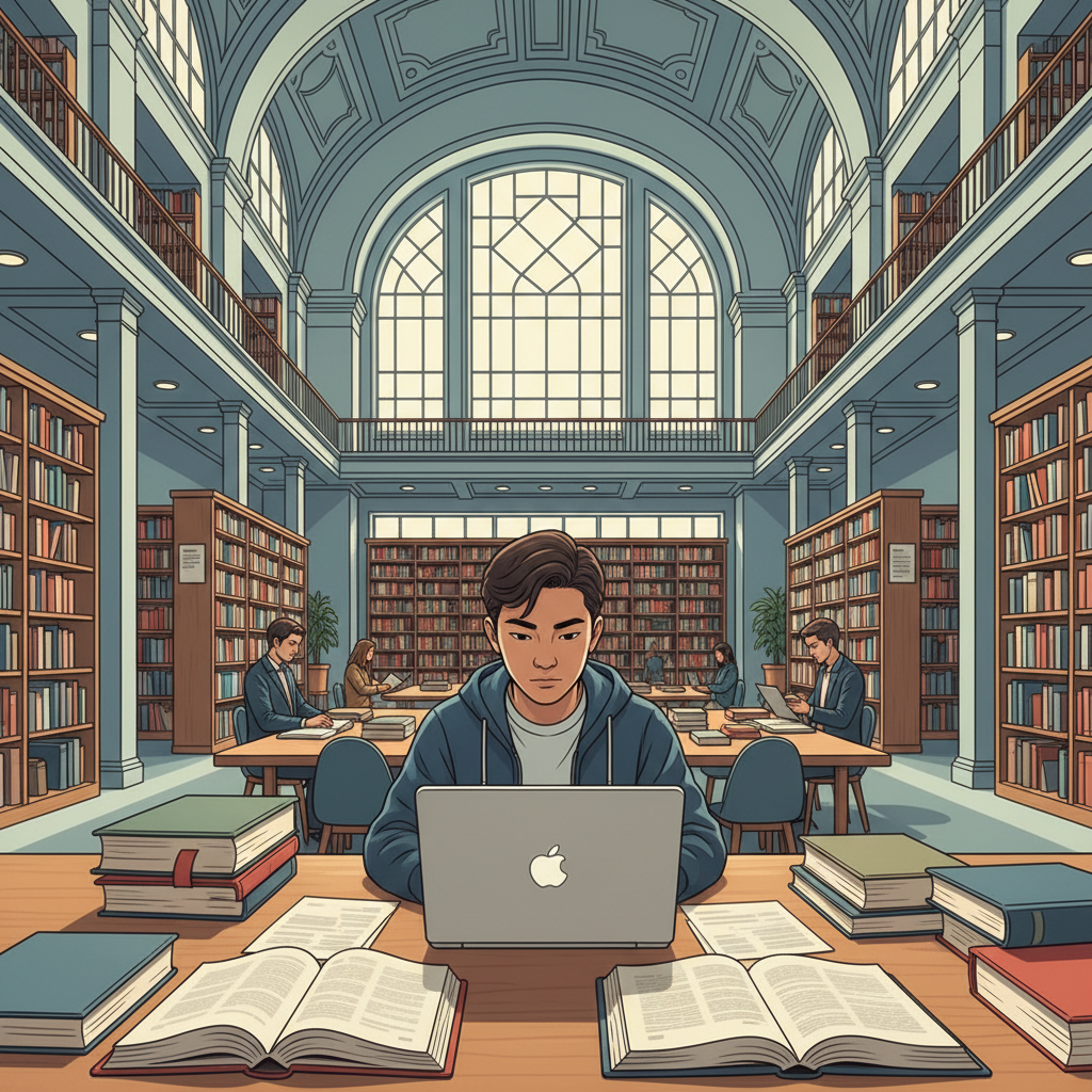 Vue intérieure d'une bibliothèque universitaire avec de hautes étagères de livres, symbolisant la recherche de ressources.