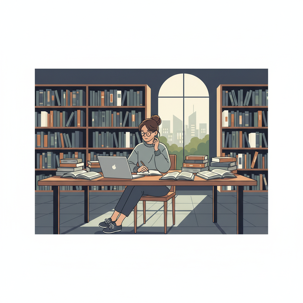 Étudiante dans une bibliothèque universitaire, entourée de livres, concentrée sur sa recherche pour un état de l'art.
