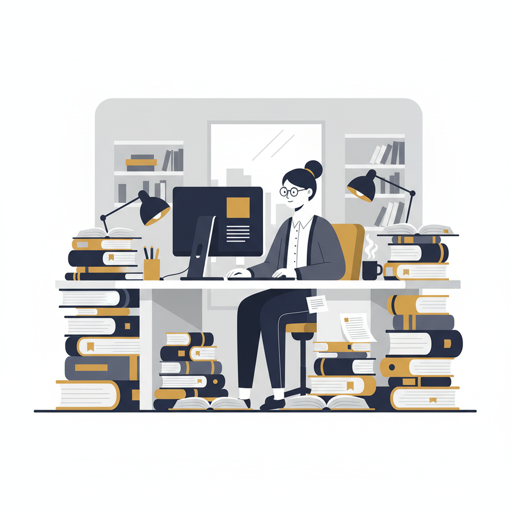 Personne en train de rédiger sur un ordinateur portable, avec des livres et des notes organisés sur le bureau, signe d'une rédaction structurée.