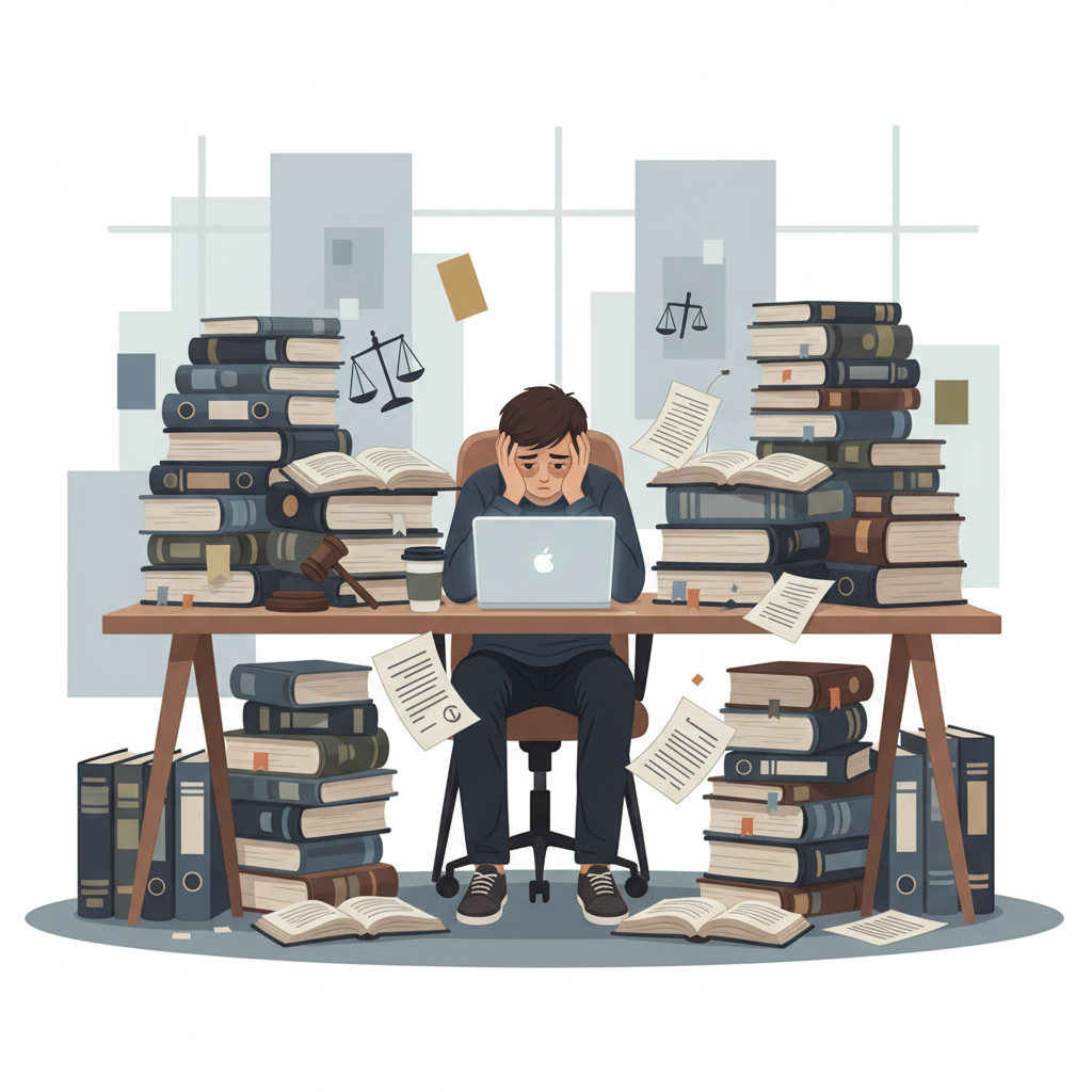 Étudiant en droit submergé par des livres et des documents de recherche juridique.