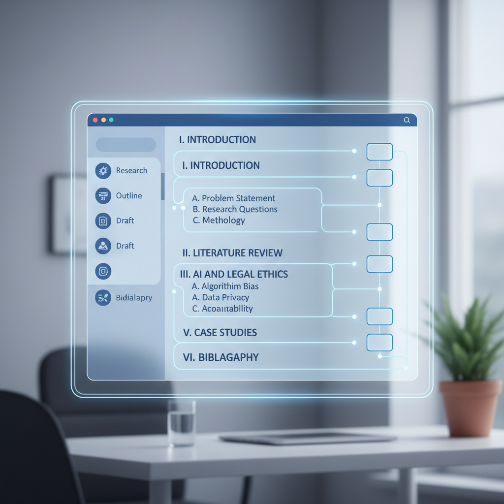 Interface d'un logiciel d'IA montrant un plan détaillé de mémoire juridique.