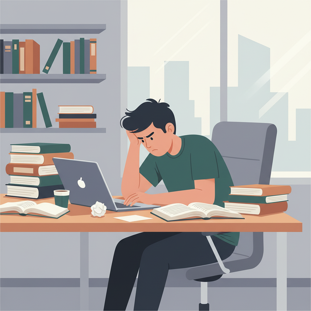 Estudiante estresado rodeado de libros, trabajando en su tesis.