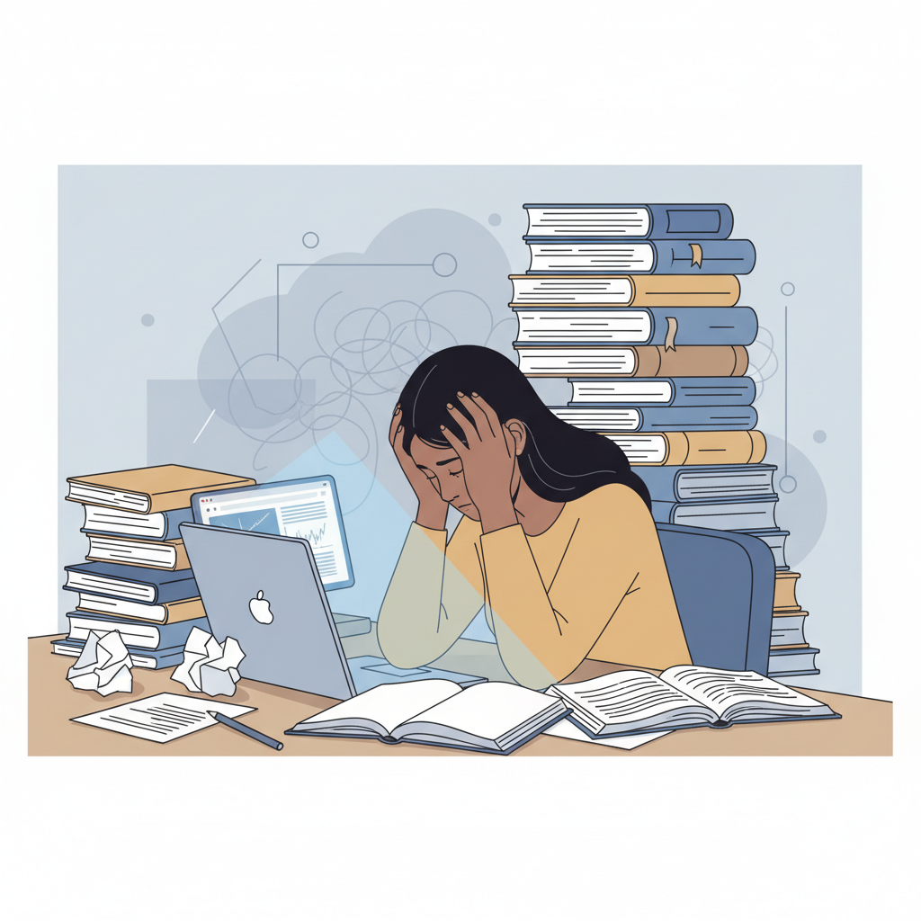Étudiant stressé devant son ordinateur portable, symbolisant l'angoisse de la rédaction de mémoire.