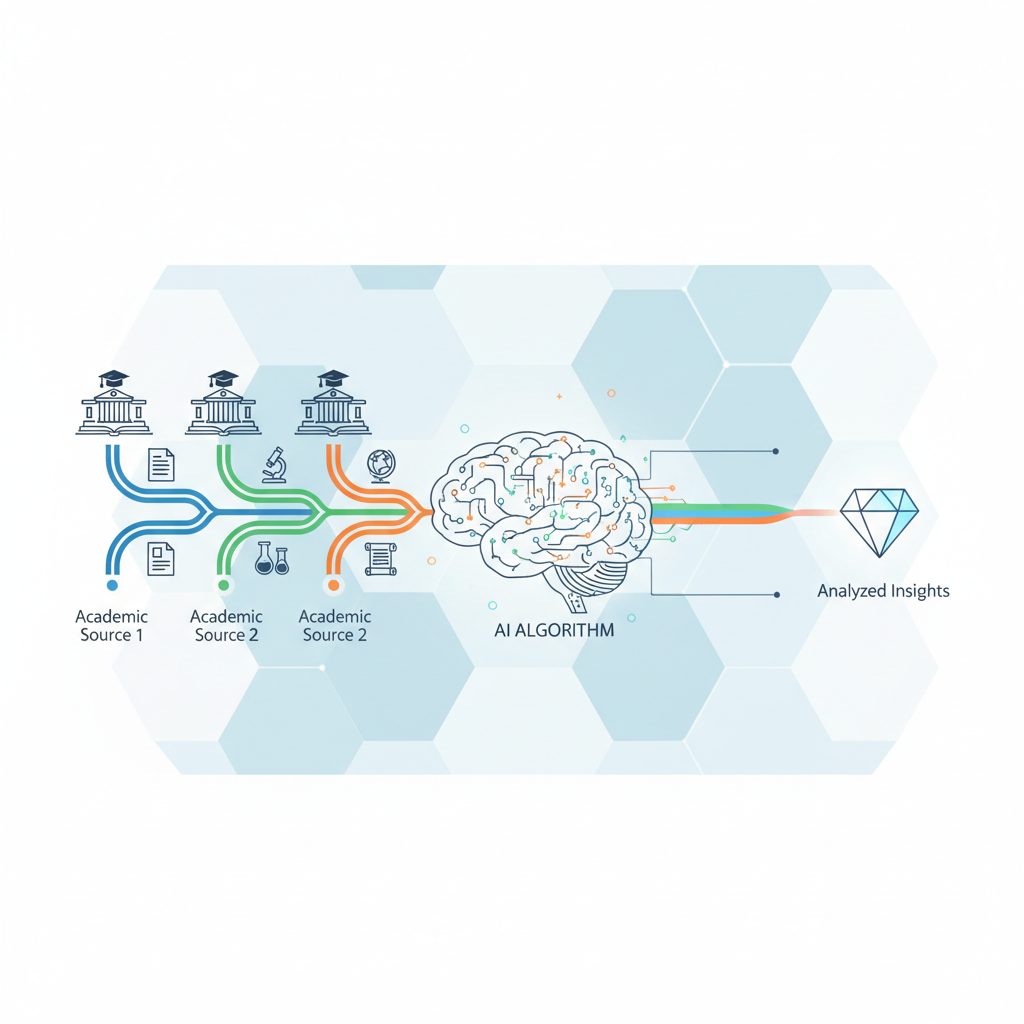 Infographie montrant une IA centrale qui distribue du contenu adapté à différents domaines académiques : droit, science, arts.