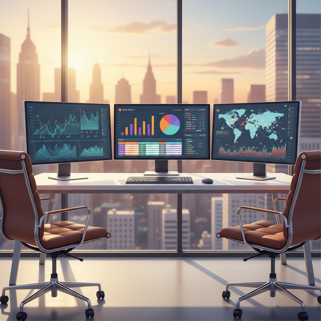 Graphiques et analyses de données sur plusieurs écrans d'ordinateur dans un bureau de trading moderne.