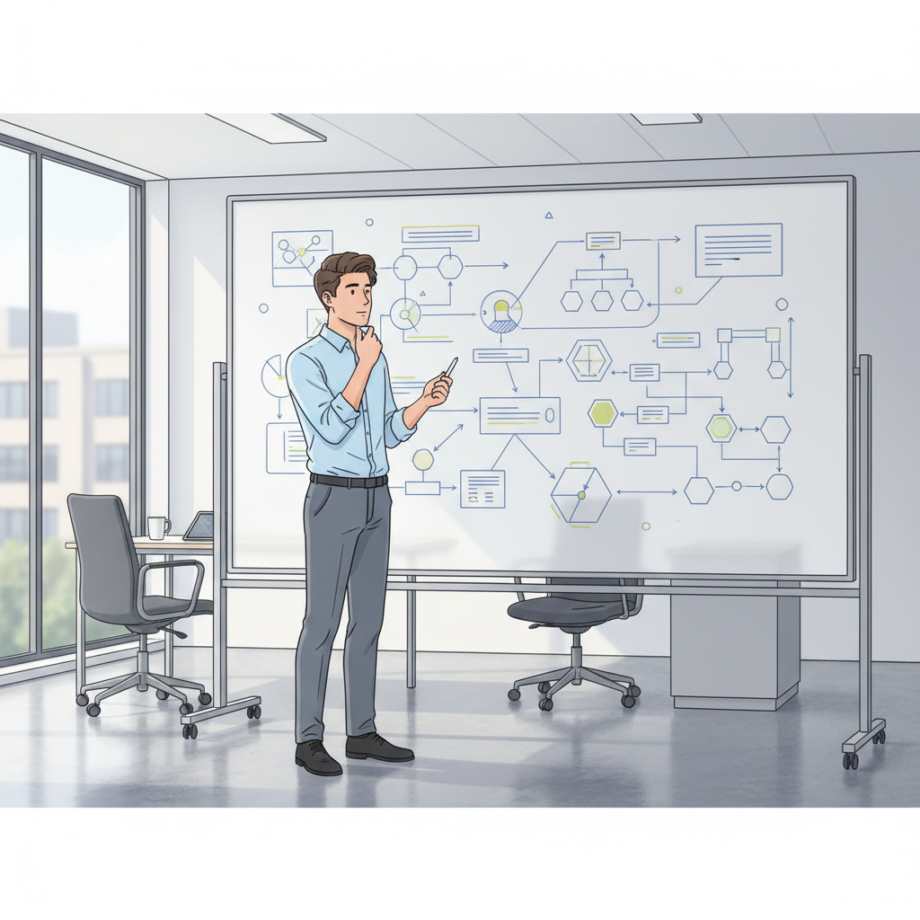 Étudiant réfléchissant devant un tableau blanc couvert de schémas et de questions, symbolisant le processus de formulation d'une problématique.
