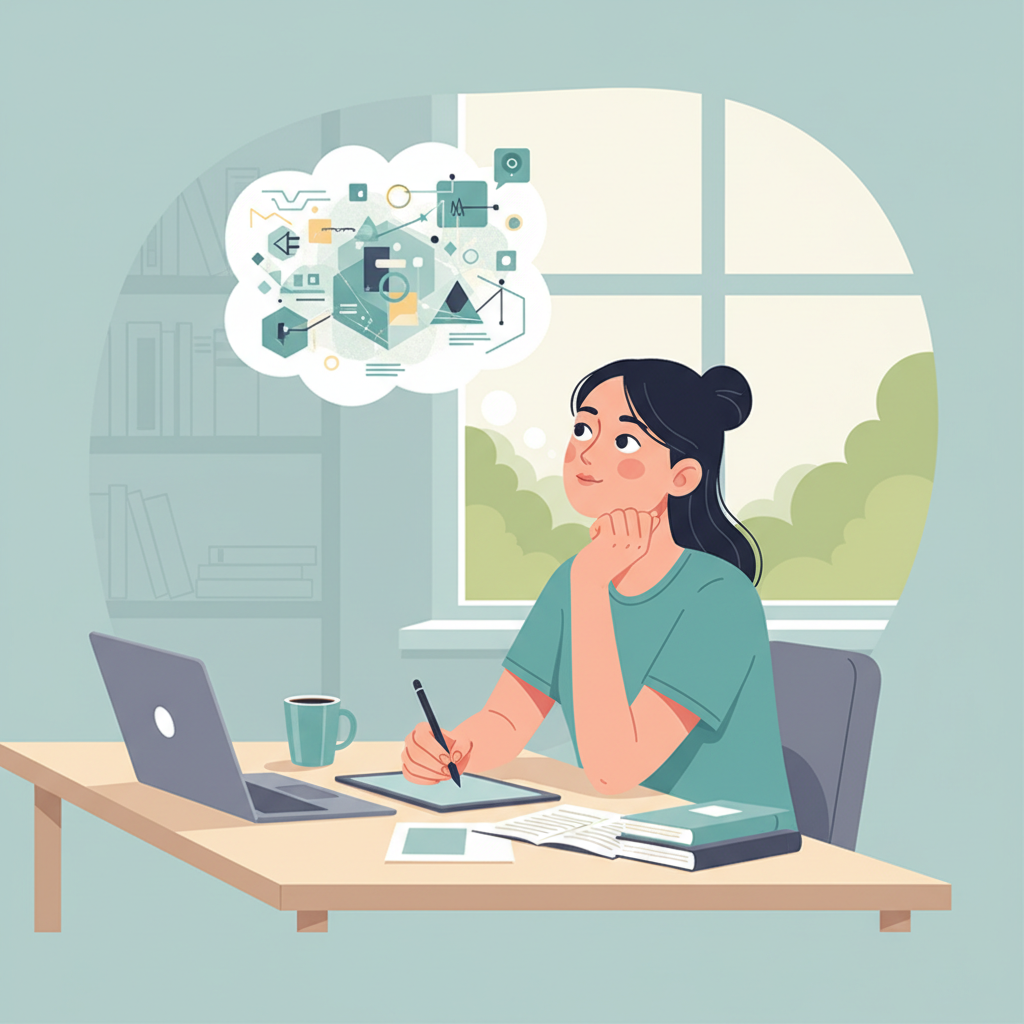 Étudiante rédigeant les remerciements de son mémoire à son bureau.