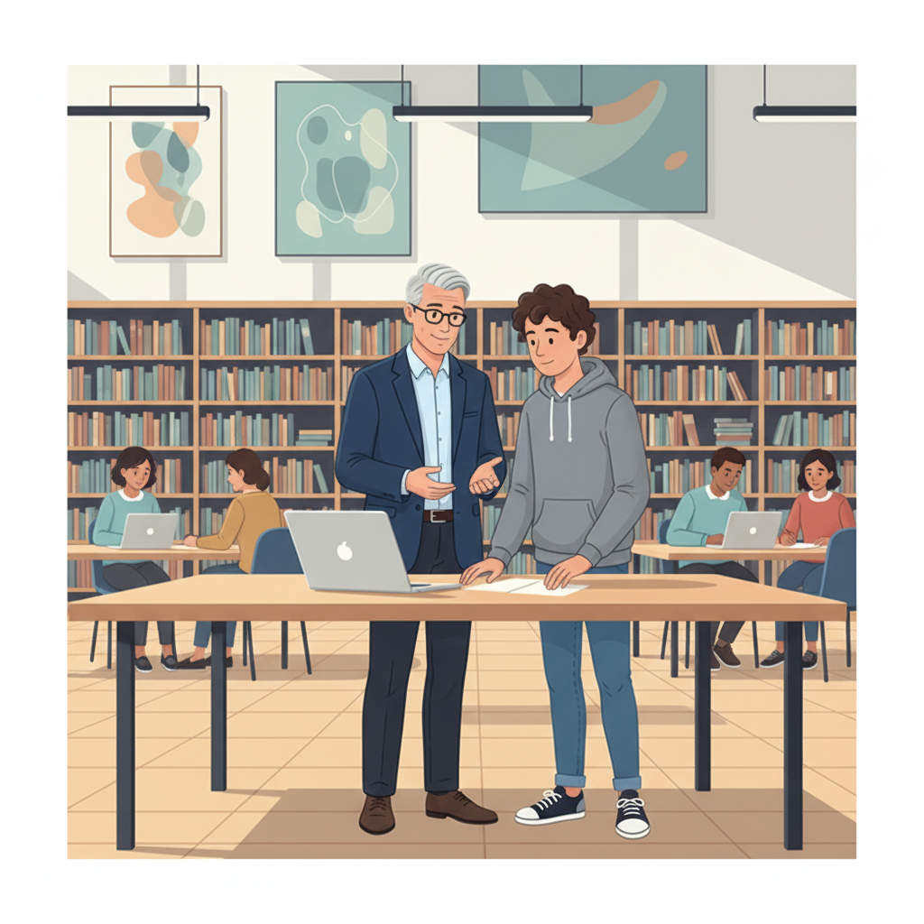 Professeur donnant des conseils à un étudiant dans une bibliothèque.