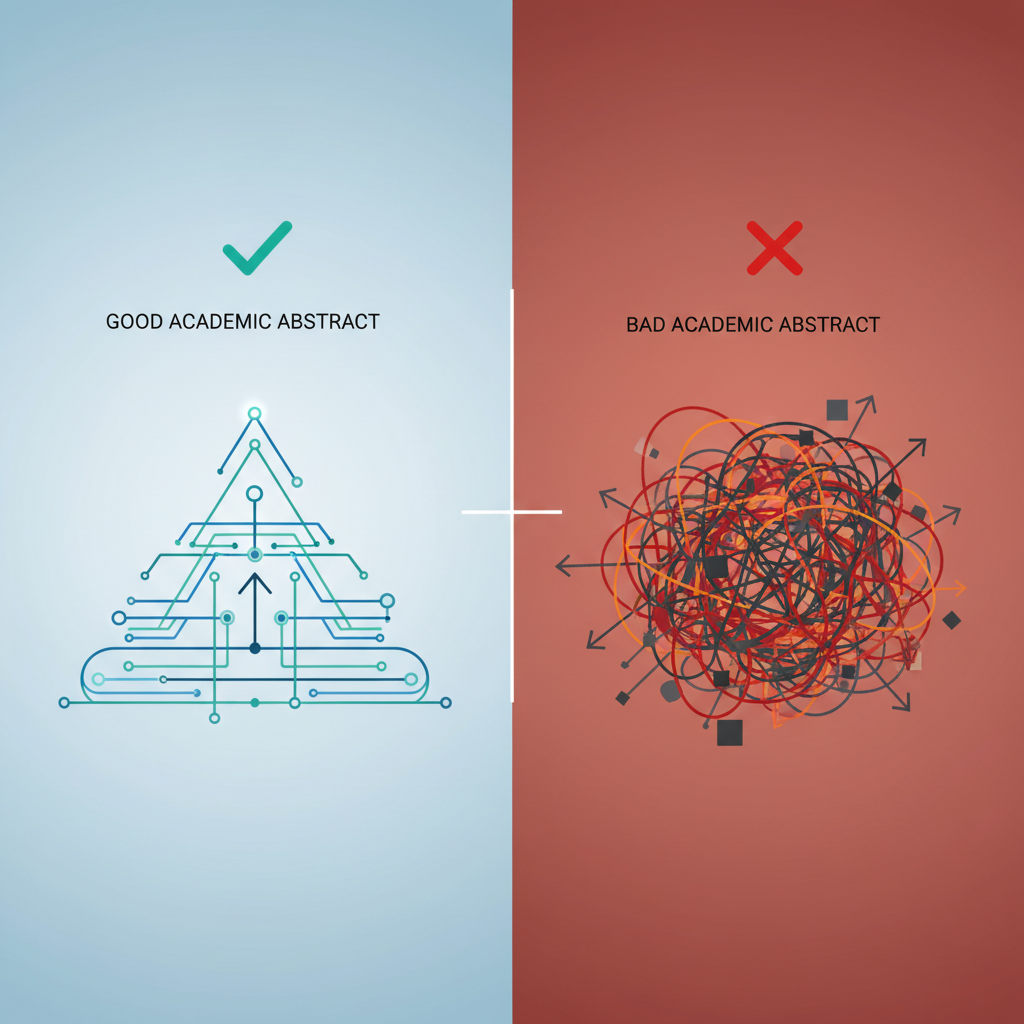 Schéma comparant un bon abstract clair et structuré à un mauvais abstract confus et long.