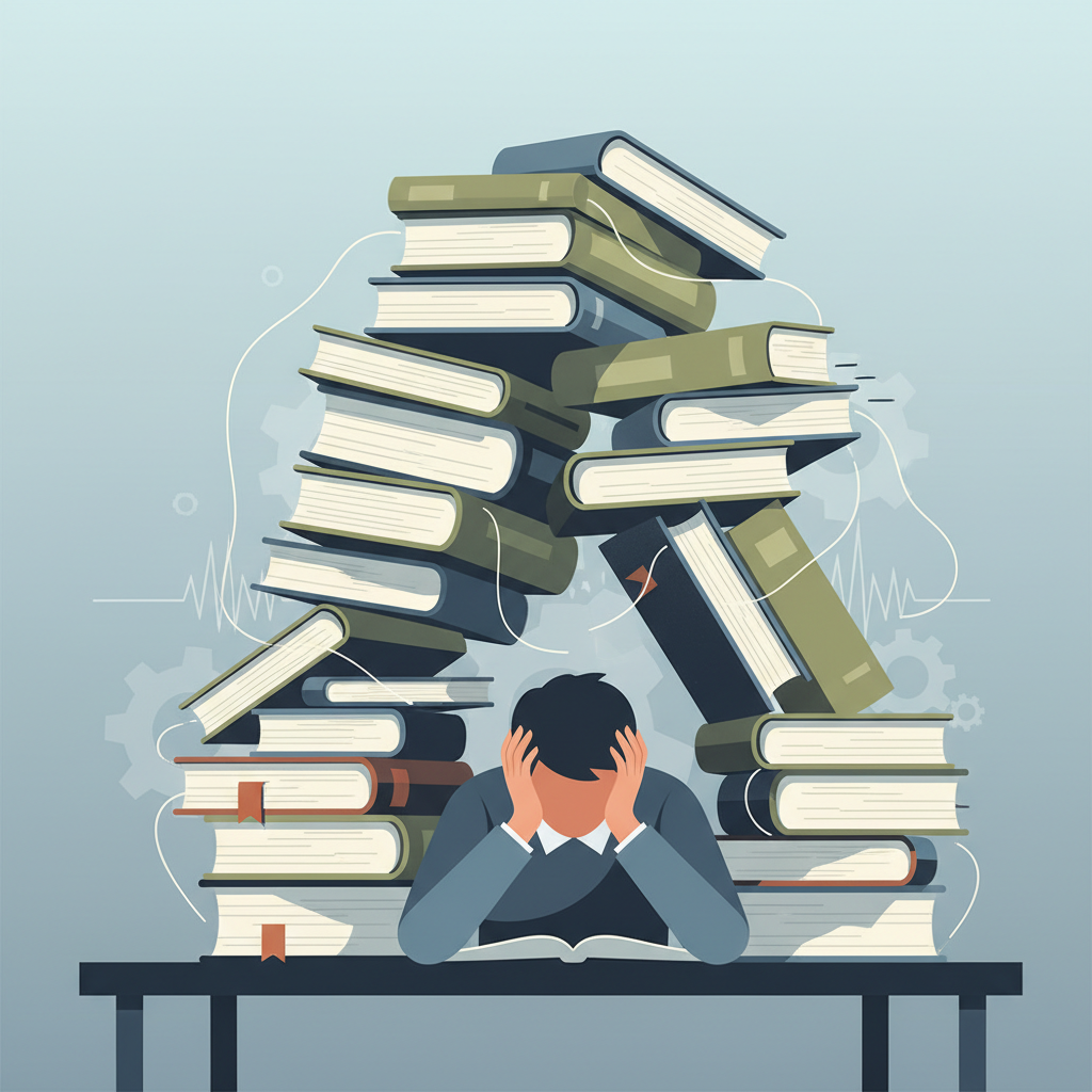 Étudiant l'air anxieux, la tête dans les mains devant une pile de livres, symbolisant le stress de la recherche de promoteur.