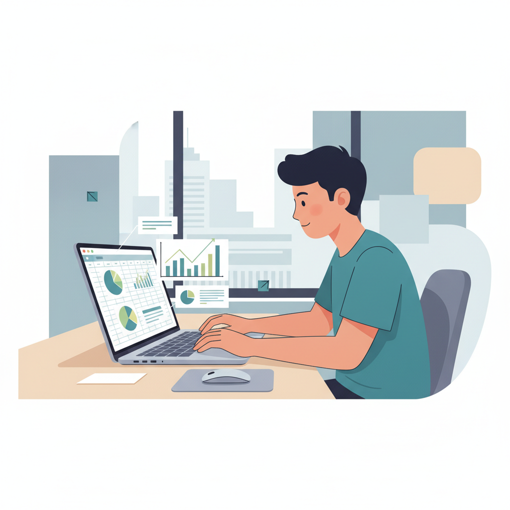 Étudiant utilisant un ordinateur portable avec des feuilles de calcul Excel affichant des graphiques et des données pour son mémoire.