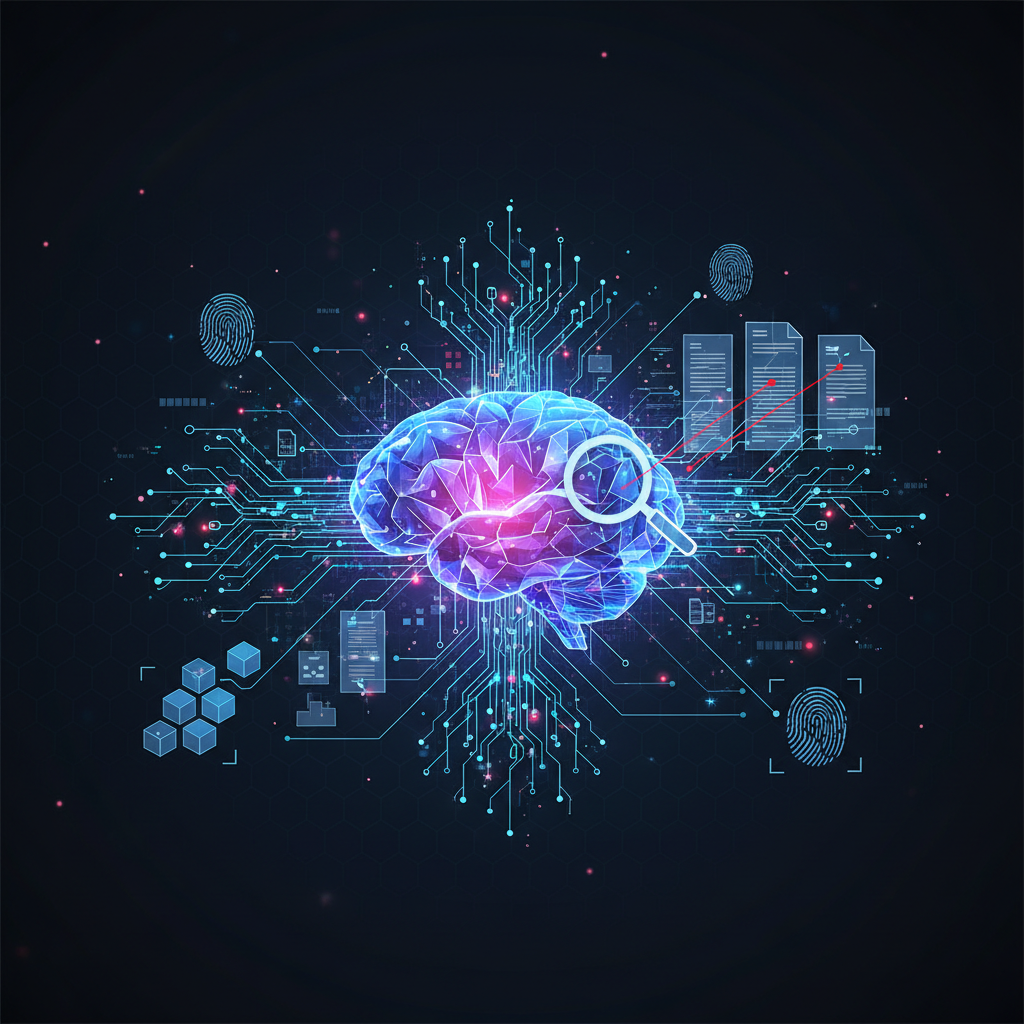 Cerveau numérique abstrait avec des lignes de code et des connexions réseau, symbolisant l'intelligence artificielle analysant du texte.
