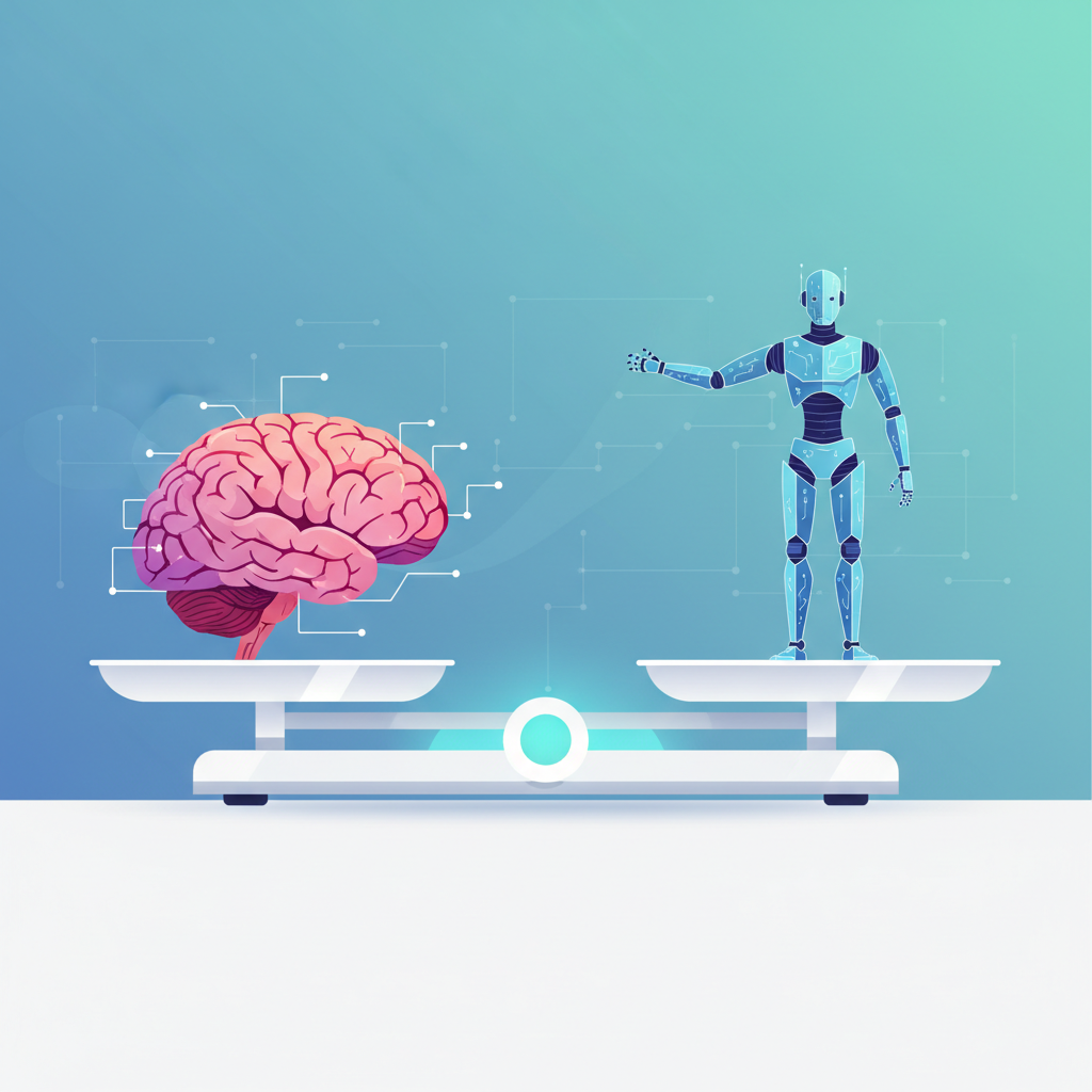 Une balance numérique comparant un cerveau humain d'un côté et un cerveau de robot de l'autre, évoquant la distinction entre l'écriture humaine et celle de l'IA.