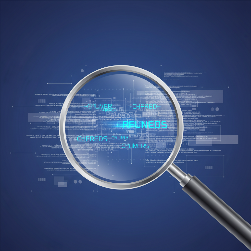Une loupe passant sur des lignes de texte numérique, symbolisant une analyse de texte détaillée.