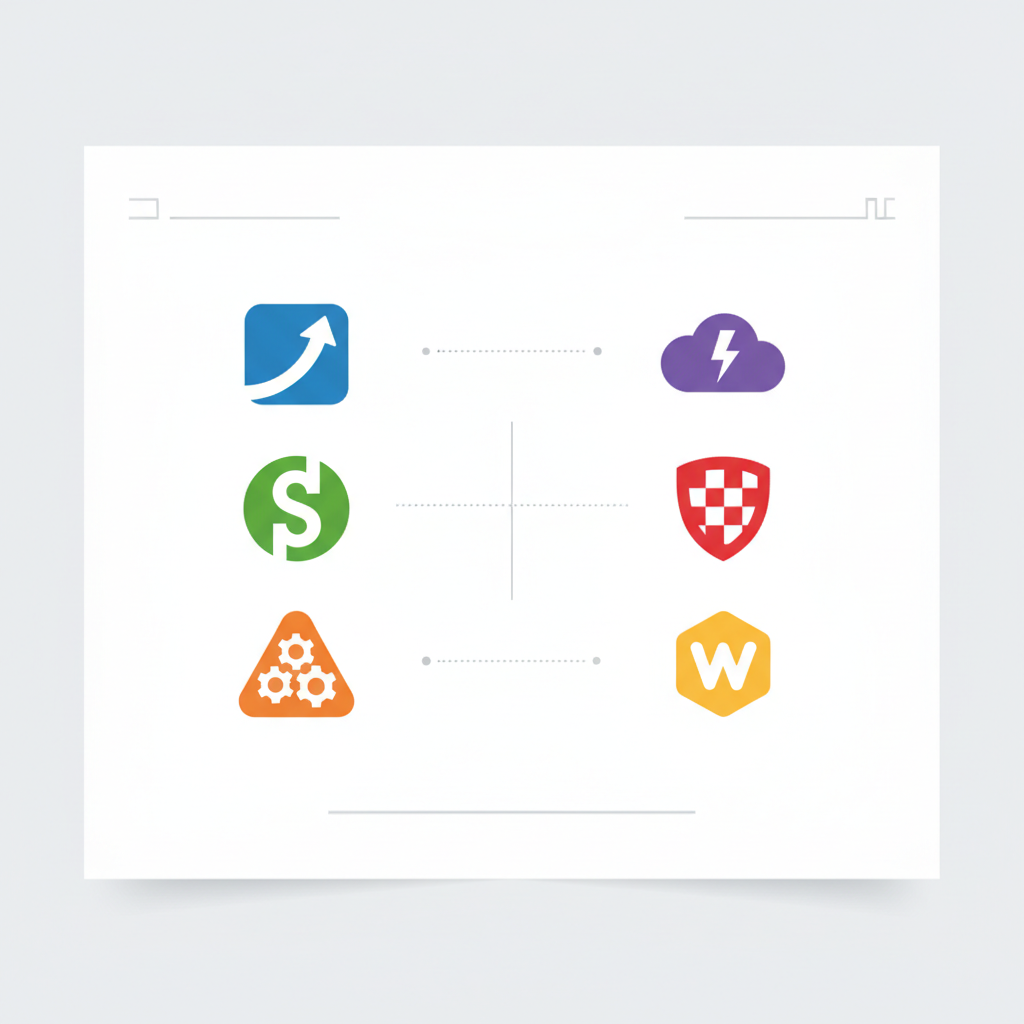 Graphique comparant les logos et les caractéristiques de différents logiciels sur un écran.