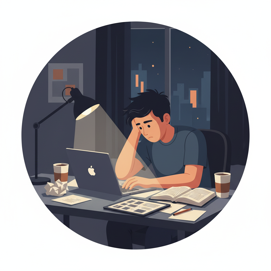 Étudiant stressé travaillant tard le soir sur son mémoire, entouré de livres et de papiers.