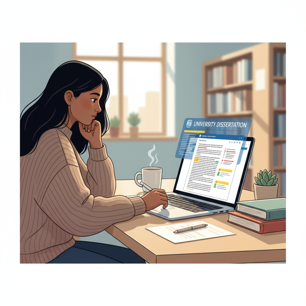Un étudiant révisant son mémoire sur un ordinateur portable dans Microsoft Word.