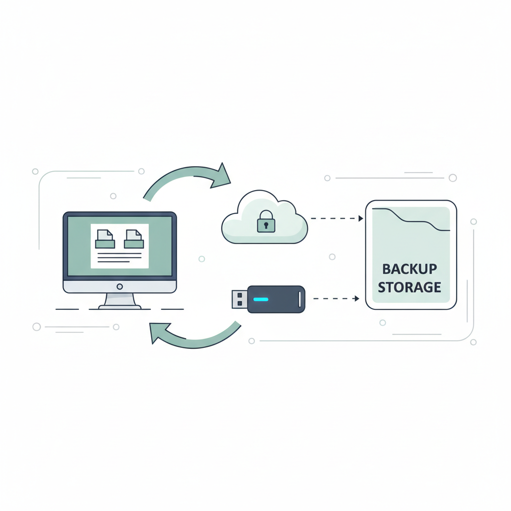 Illustration du processus de sauvegarde de fichiers d'un ordinateur vers le cloud et une clé USB.