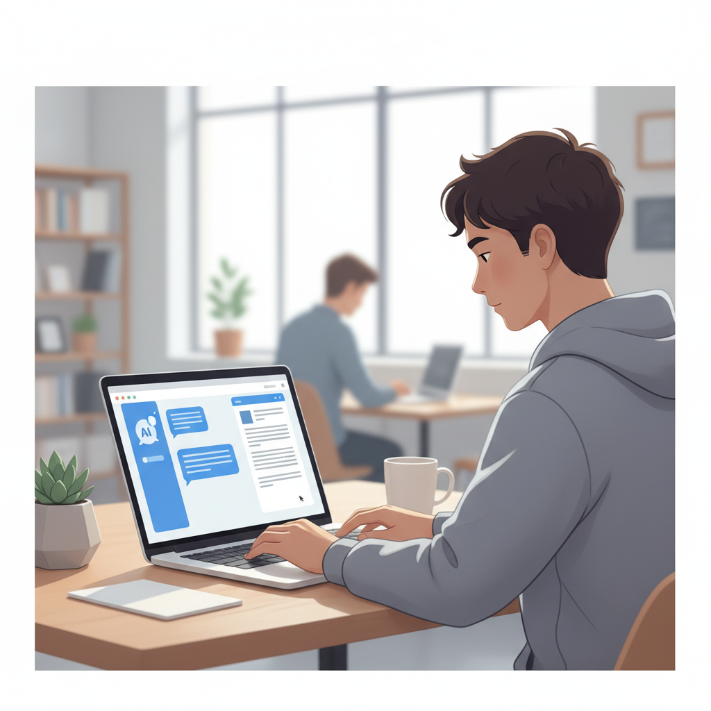 Étudiant travaillant sur son ordinateur portable, avec une interface de discussion IA ouverte à côté de son document de rédaction.