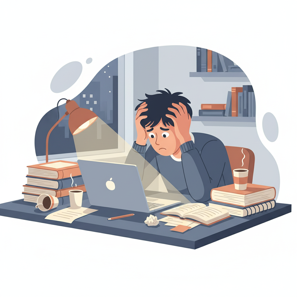 Un étudiant stressé regarde son ordinateur portable, entouré de livres et de notes pour son mémoire.
