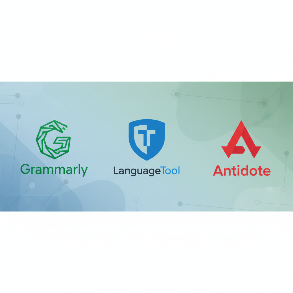 Logos des logiciels Grammarly, LanguageTool et Antidote côte à côte.