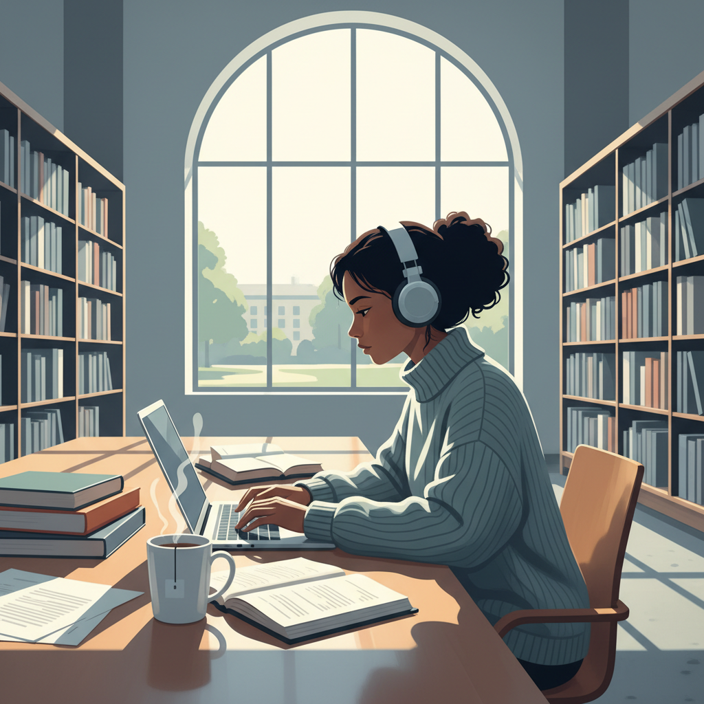 Étudiant concentré travaillant sur la rédaction de sa thèse dans une bibliothèque universitaire.