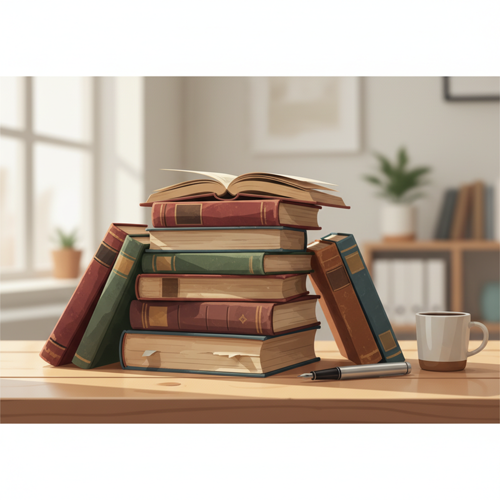 Pile de vieux livres sur un bureau en bois, représentant la recherche académique.