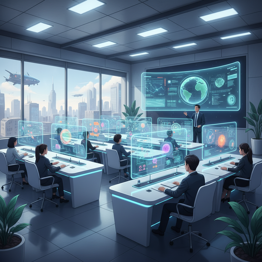 Une salle de classe universitaire futuriste avec des étudiants interagissant avec des écrans holographiques et des données virtuelles.