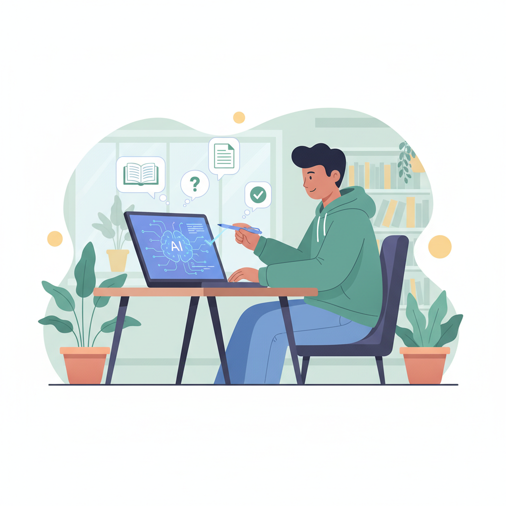 Étudiant universitaire utilisant un ordinateur portable affichant une interface d'assistant de rédaction IA pour l'aider dans son travail académique.