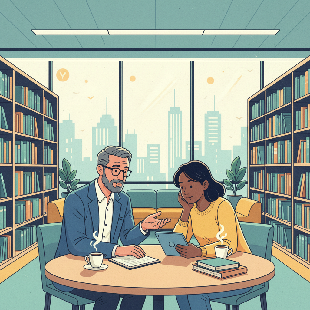 Un professeur discute avec un étudiant dans une bibliothèque universitaire moderne, symbolisant le mentorat et le guidage humain.
