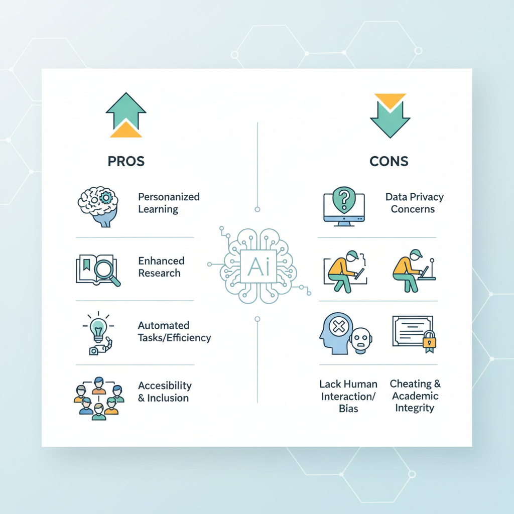 Infographie présentant les avantages et les inconvénients de l'intelligence artificielle dans le secteur de l'éducation.