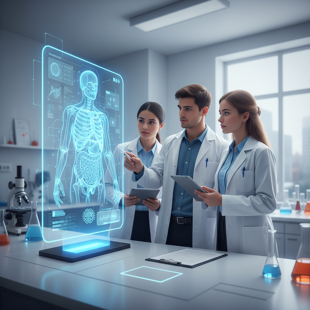 Étudiants en médecine observant un modèle anatomique en 3D généré par une intelligence artificielle sur un écran.