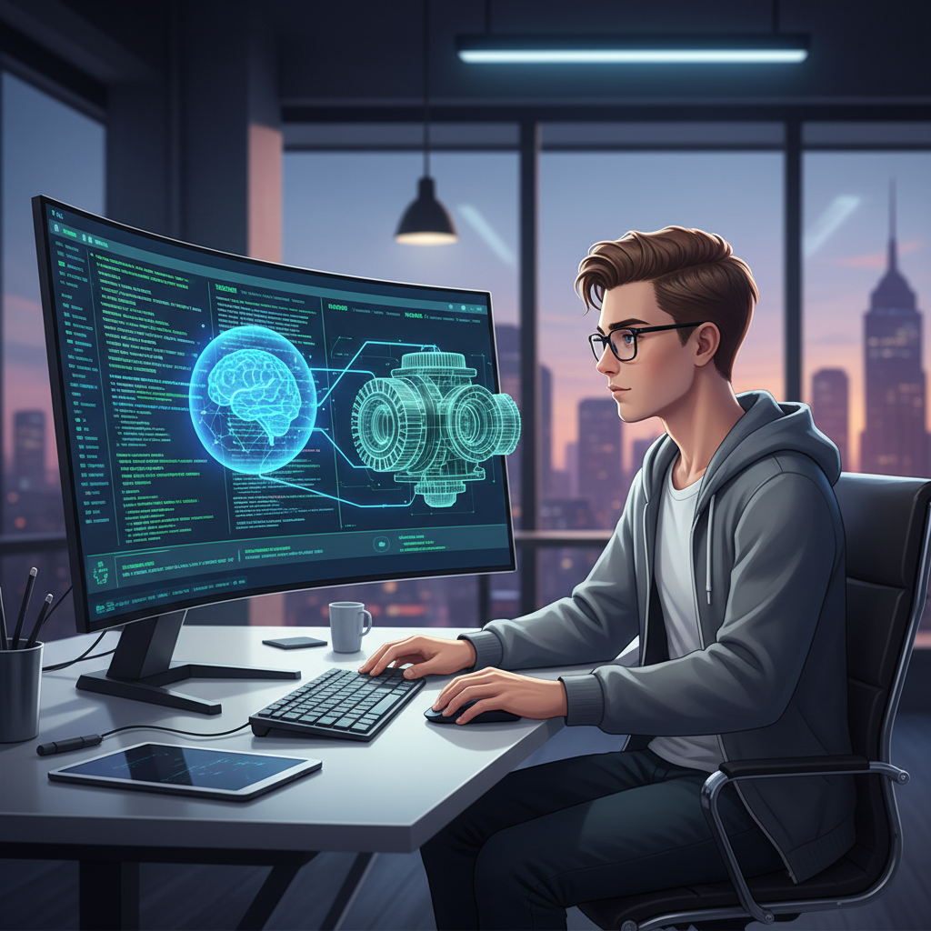 Étudiant ingénieur devant un écran affichant des lignes de code et un modèle 3D complexe, avec une assistance IA.