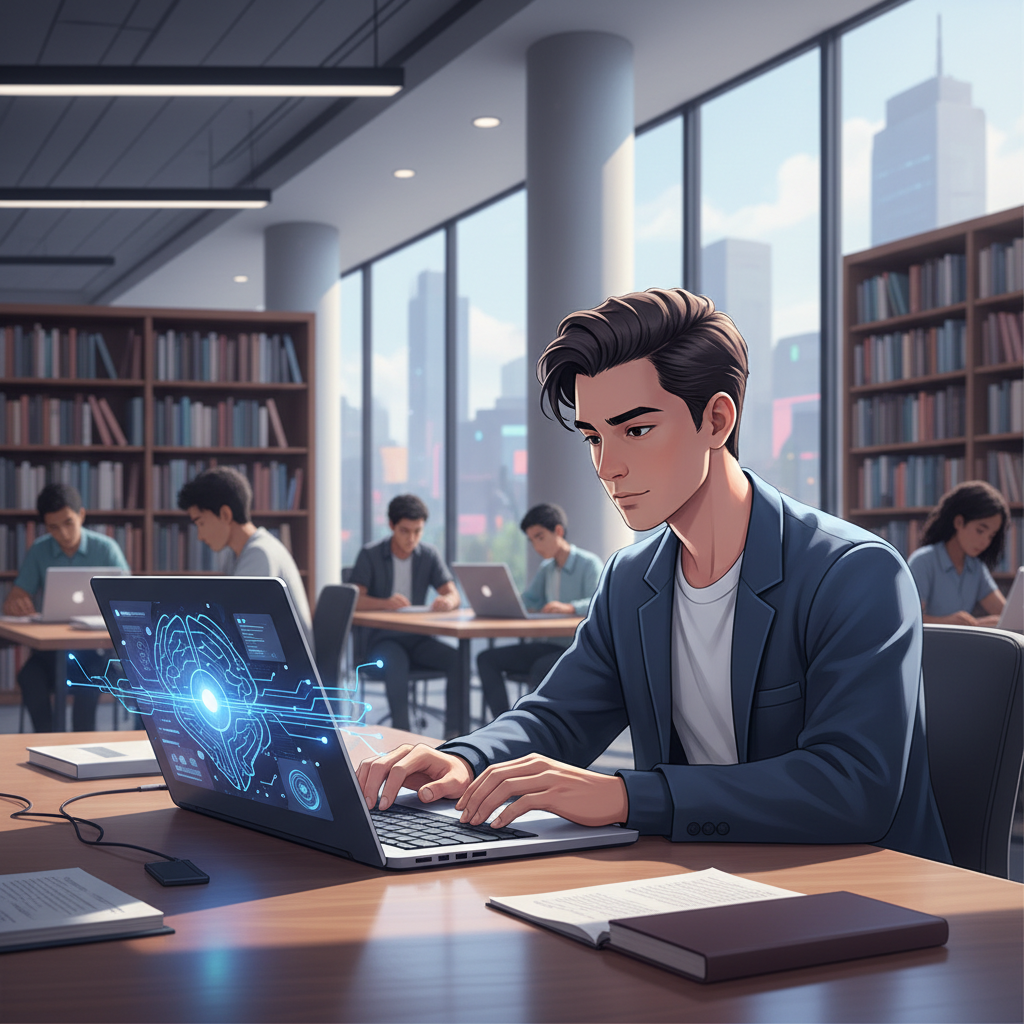 Un étudiant interagissant avec une interface d'IA sur son ordinateur portable dans une bibliothèque moderne.