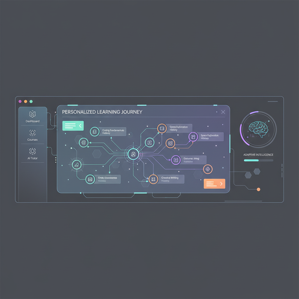 Interface futuriste d'un logiciel éducatif basé sur l'IA, affichant des parcours d'apprentissage personnalisés.