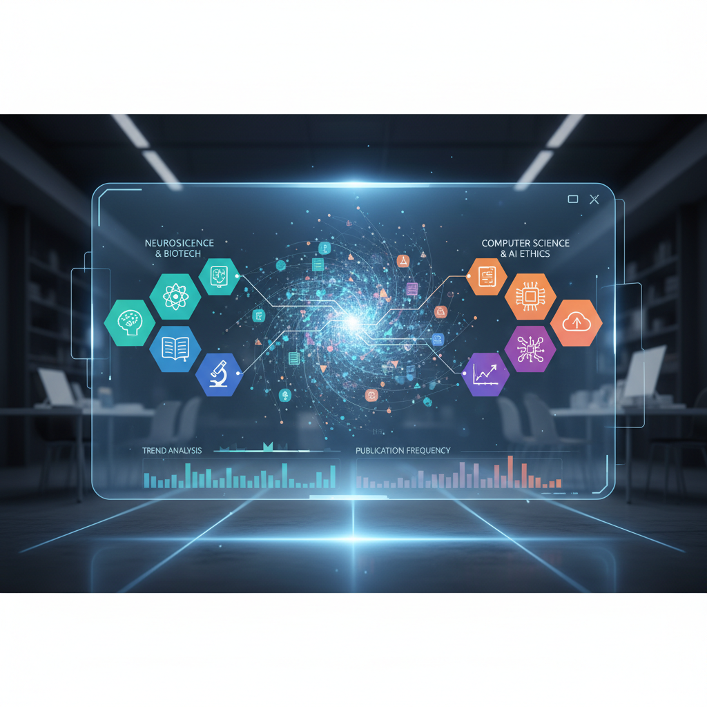 Interface futuriste d'une IA analysant et classant des articles de recherche académique.