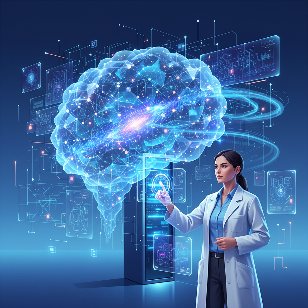 Chercheur examinant des visualisations de données 3D complexes générées par une intelligence artificielle.