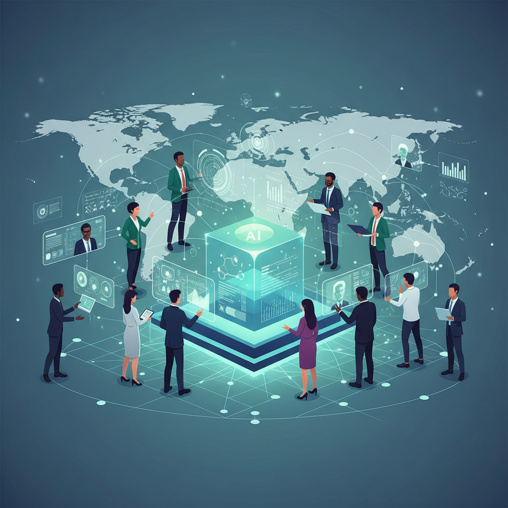 Réseau mondial de chercheurs collaborant via une plateforme IA futuriste.